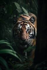 Fototapeta premium AI generated illustration of a majestic Bengal Tiger walking through a lush, green jungle