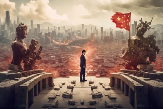 Dystopian depiction of the US attack on China. City skyscrapers crumbling, ruins on fire, tattered Chinese flag flies over rubble. Survivor observes a picture of complete collapse. 3D illustration.