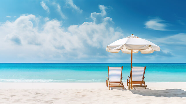 beautiful beach banner. White sand, chairs and umbrella travel tourism wide panorama background