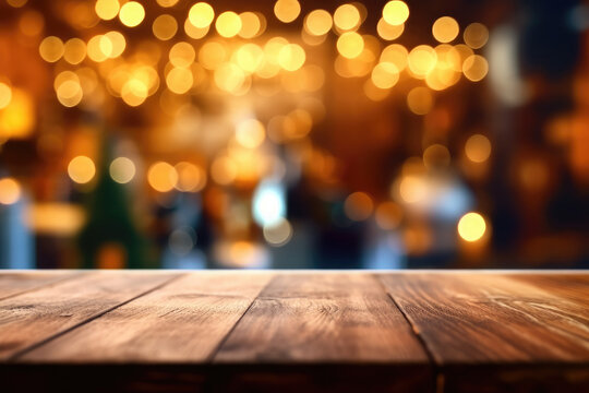 Christmas background. Empty wooden table on the background of the New Year's golden bokeh. Ready for product montage.Generative AI