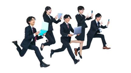 デジタル機器を使いながらジャンプする若いビジネスパーソンのグループ　背景透過切り抜きPNG　（1人ずつのPNG画像も販売しております。作成者リンクからPNGで検索してください）