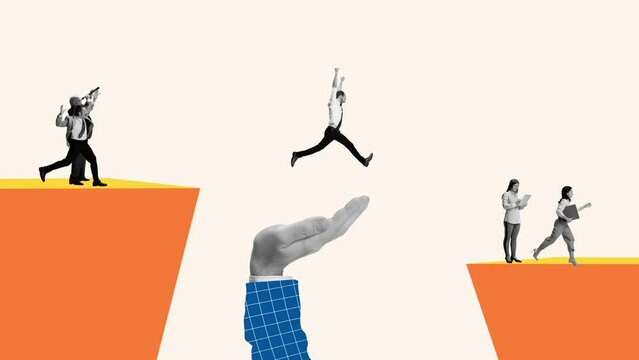 Creative modern design. Contemporary art collage business people climbing jumping over cliff symbolizing success. Stop motion, 2D animation