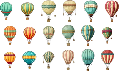 Cercles muraux Montgolfière Colorful vintage hot air balloons, adventure vehicles white background
