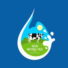 Milk drops grass cow vector frame for fresh milk product logo design. 100 percent natural milk premium quality illustration