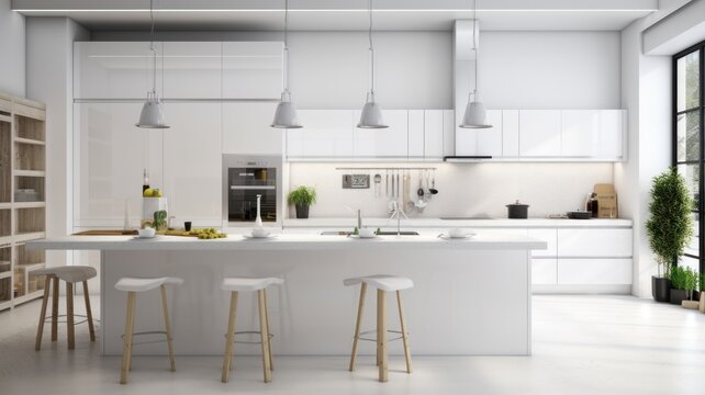 Interior of modern minimalist kitchen. White gloss facades, kitchen island with bar stools, plant in floor pot, modern kitchen appliances and utensils. Minimalist interior design. 3D rendering.
