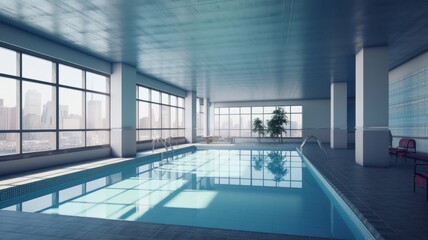 Indoor swimming pool in a luxury modern urban building. Tile walls and floors, comfortable deck chairs, plants in floor pots, large panoramic windows with stunning city view. 3D rendering.