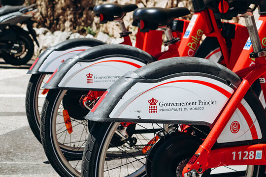 Monaco, Monaco - 25 June 2023: Close up of rental bikes in the Principality of Monaco