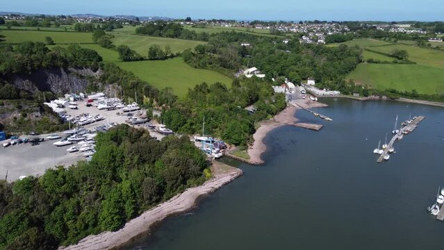 Galmpton Creek, River Dart, Devon, England: Aerial View: Drone flies over the Creek.