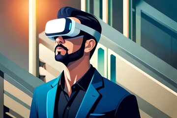 Gamer in virtual reality glasses. Vector illustration of a man with virtual glasses.
