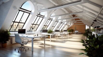 Loft style open space eco-office in a modern building. Ceiling with skylights, large tables with chairs, desktop computers, plants in floor pots. Comfortable working environment. 3D rendering.
