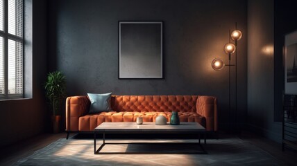 Interior of modern cozy living room. Stylish terracotta sofa, coffee table, plant in floor pot, carpet on the floor, trendy floor lamp, big poster on the wall, modern home decor. Mockup, 3D rendering.