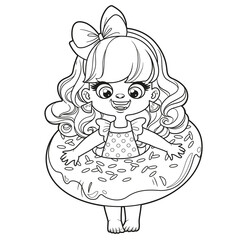 Cute cartoon girl in a swimsuit and with an donut inflatable ring for swimming coloring page on white background