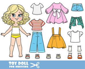 Cartoon blond girl  and clothes separately -   long sleeve pink dress,  t-shirts, sandals, skirt, shorts, shirt, jeans and sneakers doll for dressing