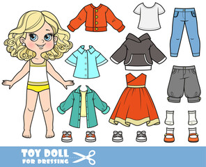 Cartoon blond girl  and clothes separately - dress, shirts, sandals, breeches, shirt with long sleeves, jeans and sneakers doll for dressing