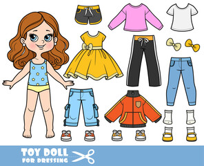 Cartoon brunette girl  and clothes separately -  dress, jacket, long sleeve, shirt, shorts, sandals, jeans and sneakers doll for dressing