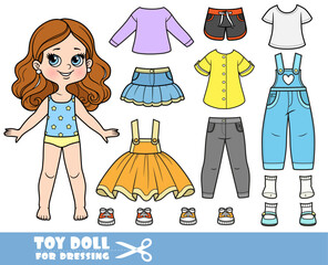 Cartoon brunette girl  and clothes separately -  skirt, long sleeve, shirt, sandals, jeans and sneakers doll for dressing
