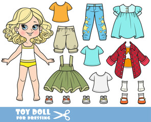 Cartoon blond girl  and clothes separately - dress, shirts, sandals, skirt, breeches, shirt with long sleeves, jeans and sneakers doll for dressing