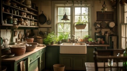 Interior of cozy kitchen in modern apartment with table and chairs on dark green carpet surrounded by domestic plants in flowerpots