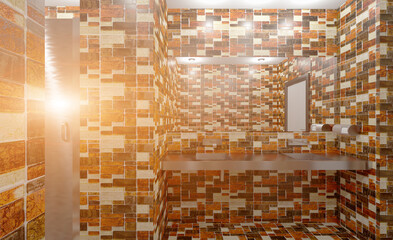 Public female restroom. 3D rendering.. Sunset.