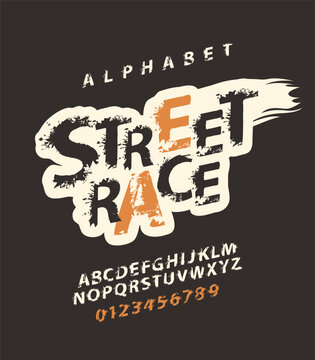 STREET RACE lettering with spots in grunge style. Splash Alphabet, vector set of abstract alphabet letters and numbers on a light background. Creative font for headline, poster, label, logo