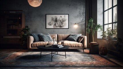 Interior of cozy vintage living room in a luxury apartment. Stylish sofa, coffee table, plants in pots, vintage carpet on the floor, poster on the wall, home decor. Mockup, 3D rendering.