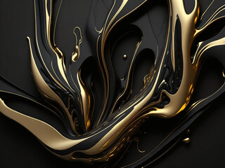 3d render, abstract black and gold background with liquid waves.