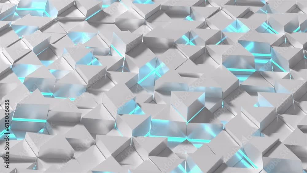 Poster triangles flyover white with blue light. an abstract representation of flying over a pattern of tech