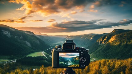 Illustration of an SLR camera on the desk,AI generated.