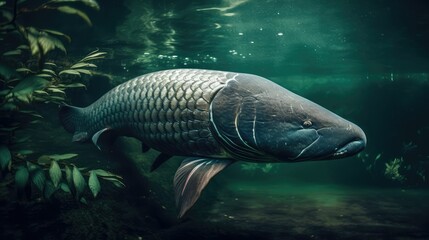 Fish under water. Arapaima fish - Pirarucu Arapaima gigas one largest freshwater fish