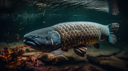 Fish under water. Arapaima fish - Pirarucu Arapaima gigas one largest freshwater fish