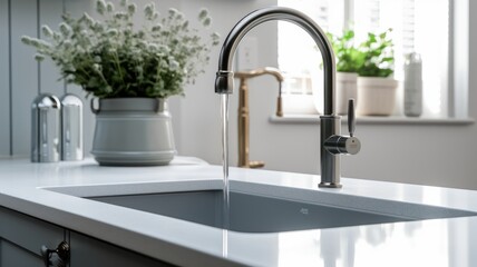 Fragment of a modern kitchen with a window. Quartz stone countertop with integrated stainless steel sink, tall faucet, kitchen utensils, potted green plants, flowers in vases. 3D rendering.