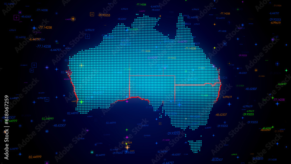 Poster futuristic blue colorful shiny digital technology hud dots mosaic grid australia map light scanning 