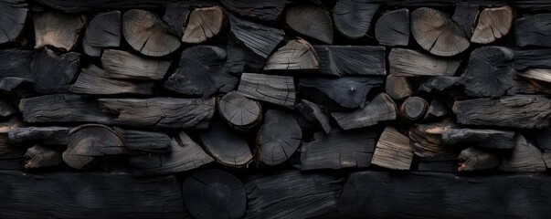 Dark background of cut pile logs, wood panorama close up. Generative ai.