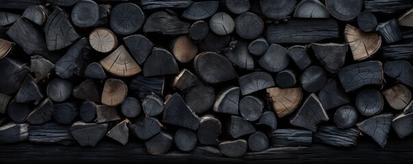 Dark background of cut pile logs, wood panorama close up. Generative ai.