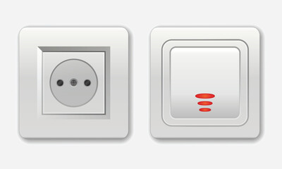 Switches for light. On and off wall switcher and socket. Lineart toggle symbol. On Off Switch. Day and night switcher. Light dark buttons. Light switch. Red electric light switch ON and OFF position - obrazy, fototapety, plakaty