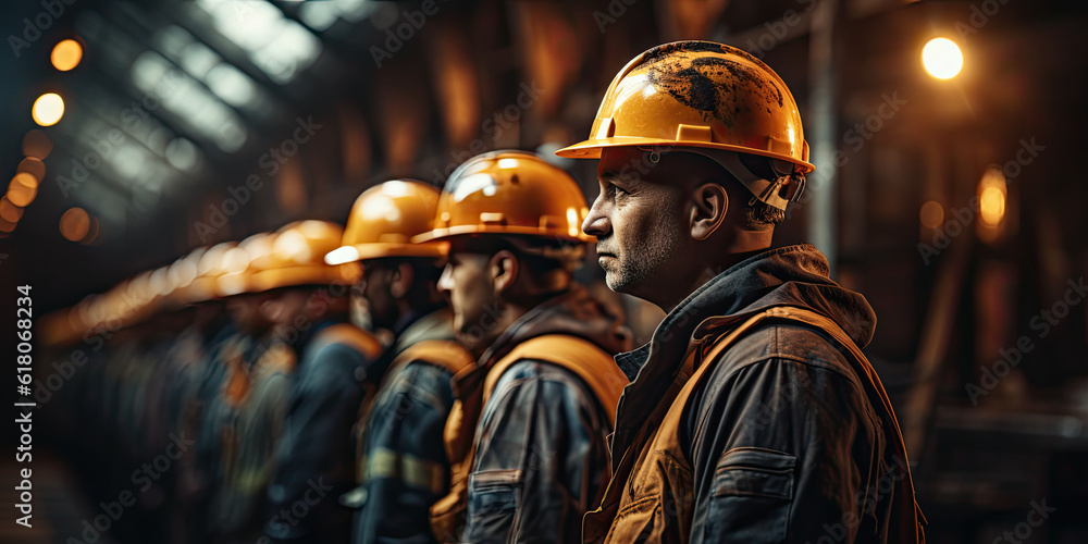 Poster engineer team holding hardhat standing in row ready for work,ai generative