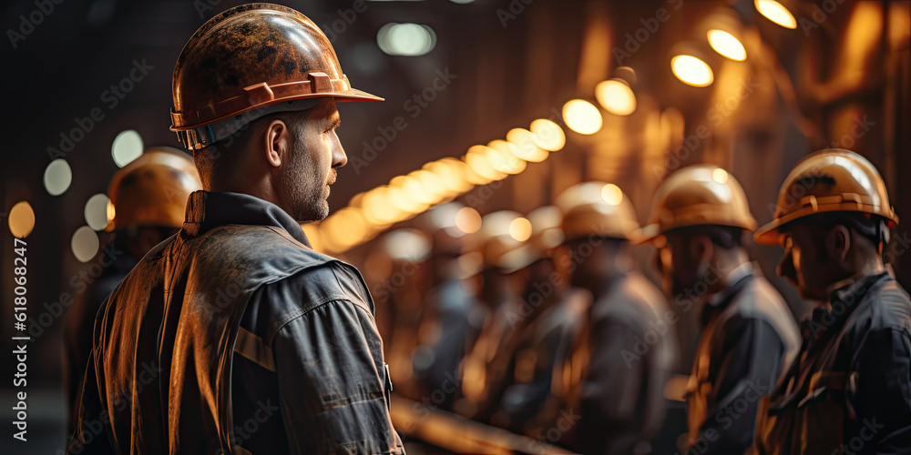 Poster engineer team holding hardhat standing in row ready for work,ai generative
