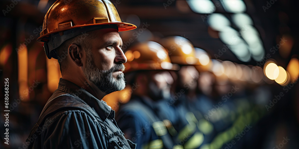 Poster engineer team holding hardhat standing in row ready for work,ai generative