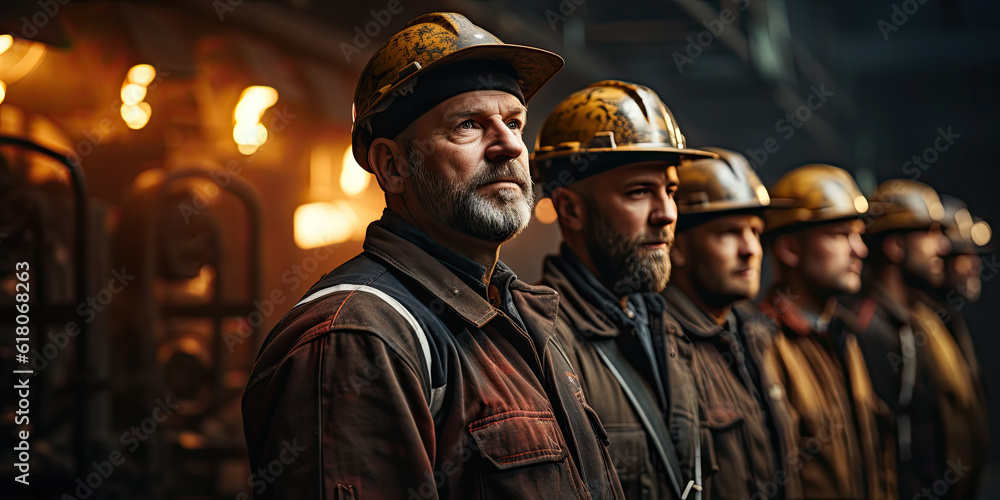 Poster engineer team holding hardhat standing in row ready for work,ai generative