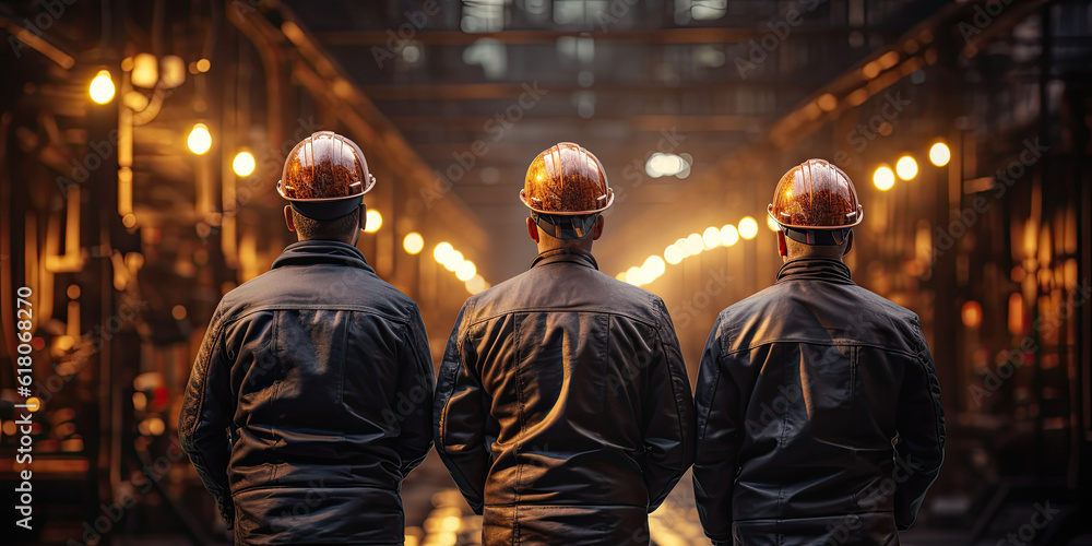 Poster engineer team holding hardhat standing in row ready for work,ai generative