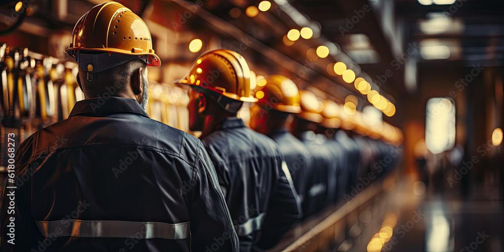 Poster engineer team holding hardhat standing in row ready for work,ai generative