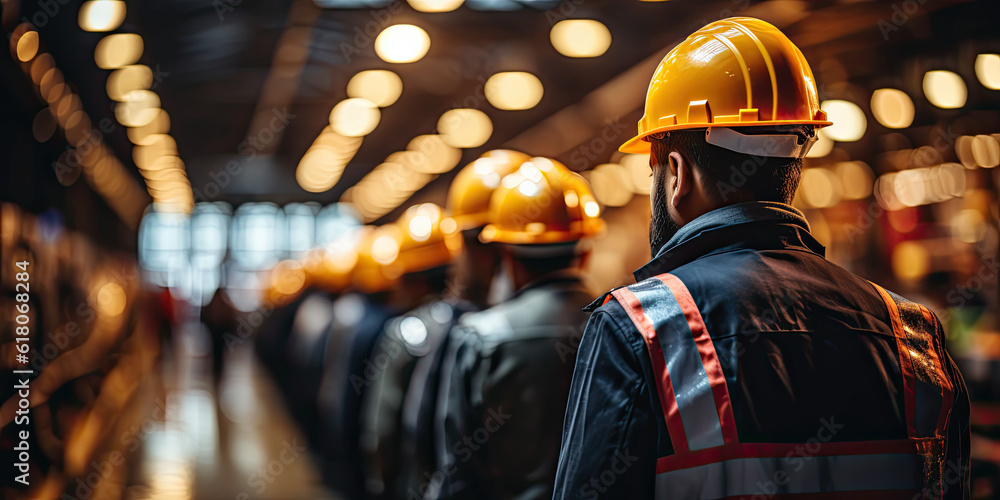 Poster engineer team holding hardhat standing in row ready for work,ai generative