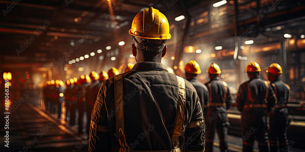 Poster engineer team holding hardhat standing in row ready for work,ai generative