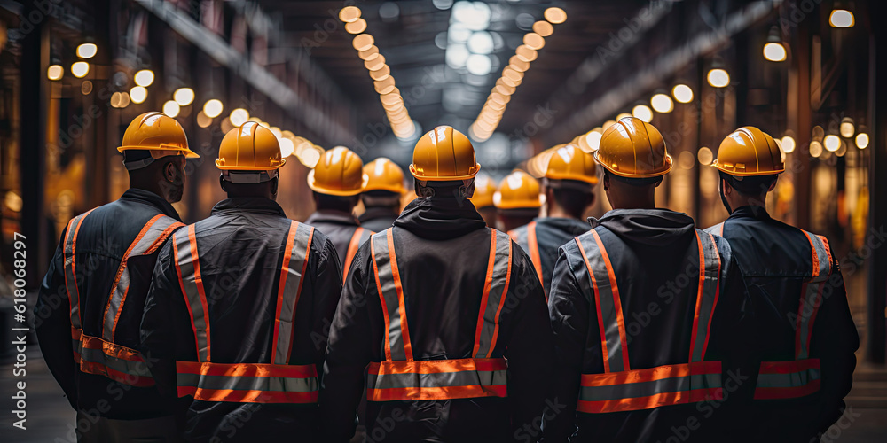 Poster engineer team holding hardhat standing in row ready for work,ai generative