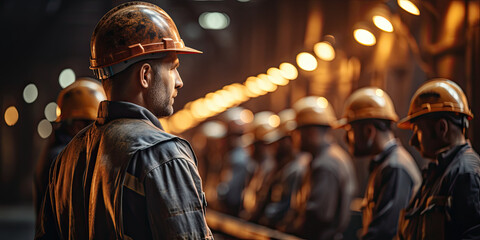 Fototapeta premium Engineer team holding hardhat standing in row ready for work,ai generative