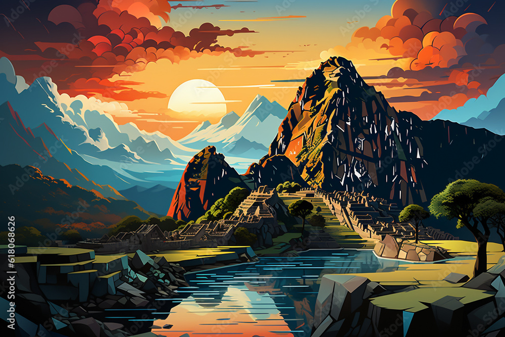Fototapete  The ruins of Machu Picchu are portrayed in this artwork as abstract and inflated structures.  Generative AI technology.