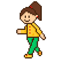 8 bit going girl pixel characters. Women pixel art vector illustrations.