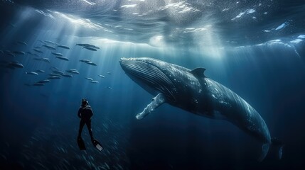 Fototapeta premium underwater photographer encounters humpback whales