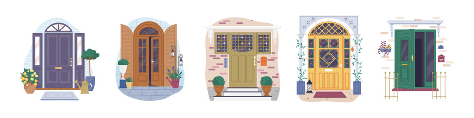 Set of different house entrances, porches and closed doors. Entries to apartments with potted plants, mats, lamps and letterboxes on facade. Colored flat vector exterior of house in different style