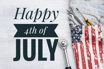 Happy 4th of July banner with tools in jean pocket with USA flag print on white texture background,...